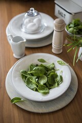Preparation of breakfast, freshly brewed eggs, spinach, salt, sauce. Bio food, healthy raw materials. You are what you eat. All laid and laid on a wooden table.