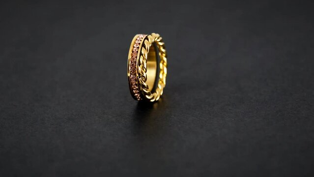Rotating golden knotted sparkly twin golden ring with zircons on black background. Beautiful as a valentine's gift.