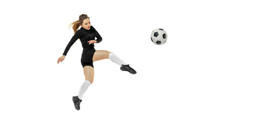 Fototapeta na wymiar Leg kick. One sportive girl, female soccer player training with football ball isolated on white studio background. Sport, action, motion, fitness