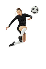 Striker. Professional female soccer, football player in action, motion isolated on white studio background. Sport, action, motion, fitness