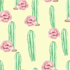 Seamless pattern with green cactus and pink stone flower in delicate tones. Watercolor background for textiles, Wallpaper, bed linen and packaging.