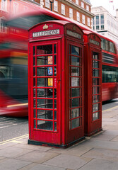 london city red telephone box with red london bus in the background