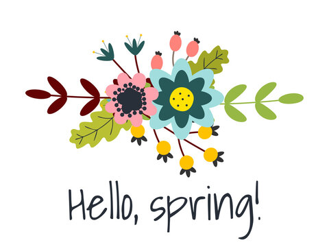 Hello, spring! Tamplate with cute flowers and leaves for postcards, greeting cards, invitations on white background.