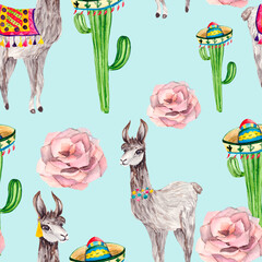 Seamless pattern with green cactus stone flower, cute grey Alpaca and Mexican chili hat. Watercolor background for textiles, Wallpaper, bed linen, packaging and illustrations on the theme of the wild 