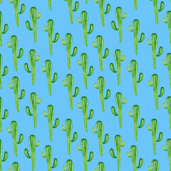 Seamless pattern with green juicy cacti on a blue background. Bright desert-themed illustration for Botanical backgrounds, textiles, Wallpaper, packaging, bedding, and stationery.