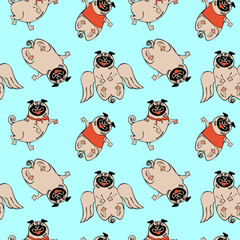 Seamless pattern with playful pug dog on blue background