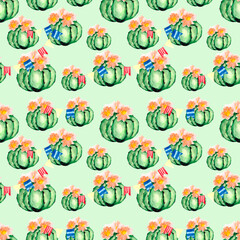 Seamless pattern with green juicy oval-shaped cacti and delicate pink flowers. Bright desert-themed illustration for Botanical backgrounds, textiles, Wallpaper, packaging, bedding, and stationery.