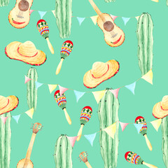 Seamless pattern on a Mexican theme with green striped cacti, flags, guitar, colorful maracas and a straw hat. Watercolor background for original Wallpaper, textiles, packaging, bed linen and statione