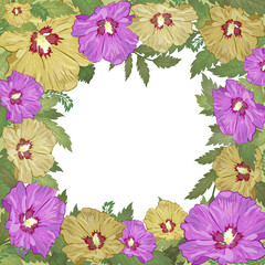 Square flower frame with hibiscus flowers. Floral garland wreath.