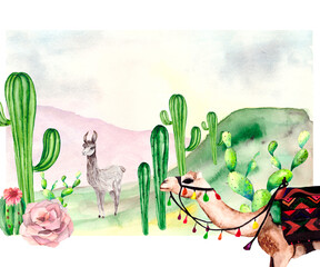Art postcard depicting a green valley with cactus, camel, Alpaca, pink flowers, horizon and hills of mountains in the distance. Watercolor illustration about nature and travel with space for text.