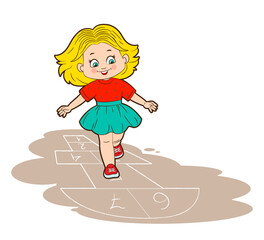 A Little Girl in a lace skirt and a red sweater is jumping, playing hopscotch. Vector illustration in cartoon style