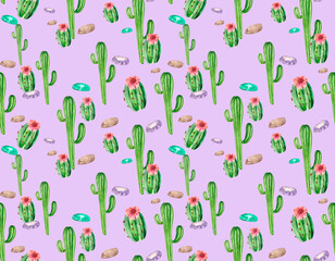 Seamless holiday pattern with green cacti, multicolored stones and pink flowers. Delicious watercolor background for textiles, original Wallpaper and packaging on the theme of the desert and its veget