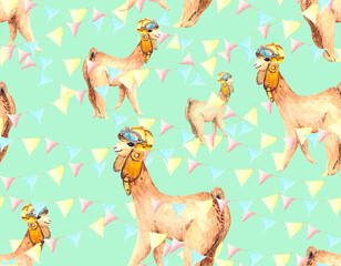 Seamless pattern with a cute Alpaca pilot in a helmet with glasses and holiday flags. Watercolor fun background for textiles, packaging, Wallpaper, children's illustrations, holiday banners and poster
