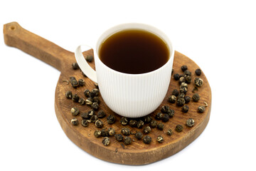 Jasmine Pearls Green Tea on a white background. medicinal asian herbal tea