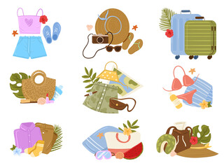 Fototapeta premium Set of travel stuff vector illustration. Various luggage bags, suitcases, cosmetics, clothes. Vacation, holiday. Hand drawn vector set.