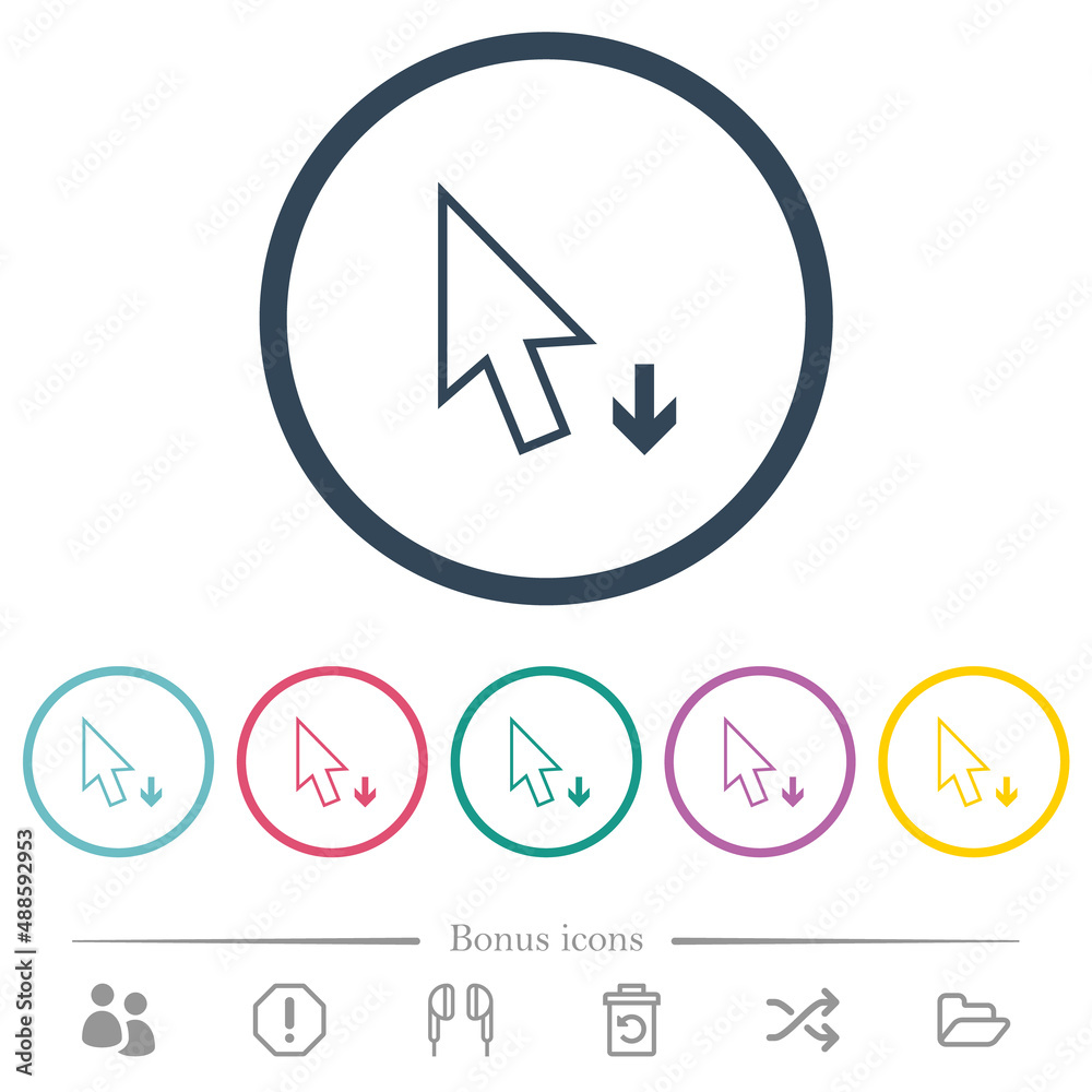 Sticker Arrow cursor down outline flat color icons in round outlines