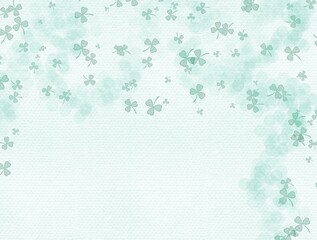 Shamrock falling on pale green and blue background, paper texture, watercolor, horizontal