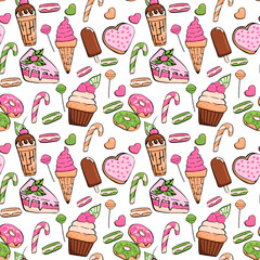 Sweets seamless pattern with ice cream, donuts, lollipops and kesas. Doodle style. vector illustration