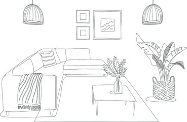 Minimalistic living room interior line art sketch drawing with a sofa, coffee table, and plants in pots and vases. Vector concept illustration of Interior.