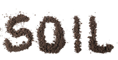 Pile of soil in shape word isolated on white, top view 