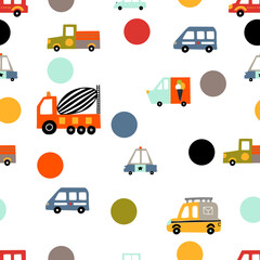 Kids seamless pattern with cars and polka dots  .Can be used in textile industry, paper, background, scrapbooking.Vector