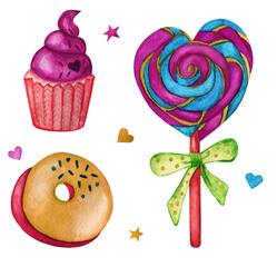 Clipart - ice cream cupcake heart star. Colorful watercolor food illustration isolated on white. Design for greeting card, fabric, textile, wallpaper, menu, packaging, print, wrapping, baby room.