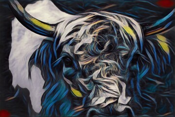 Image of Artwork of Scottish Highland Cow with white fur, closeup on face and horns. printed on Printed Glass Splashbacks