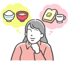 ご飯とパンをイメージし、和食と洋食どちらのメニューにするか迷う若い女性