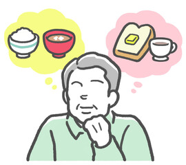 ご飯とパンをイメージし、和食と洋食どちらのメニューにするか迷う中年男性