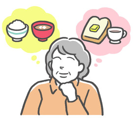 ご飯とパンをイメージし、和食と洋食どちらのメニューにするか迷う中年女性