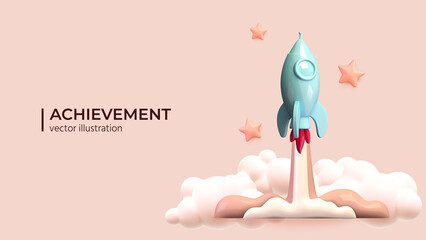 Rocket ship in space around the clouds and stars. Realistic rocket 3d icon. Vector illustration with flying shuttle. Space travel. Spacecraft launch new project start up concept. Vector illustration - 488594305