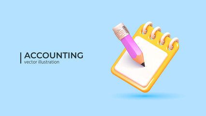 3D clipboard or sheduller with pencil. Successful completion of business tasks. 3D Accounting and Financial Management Concept. Realistic 3D Vector Illustration.