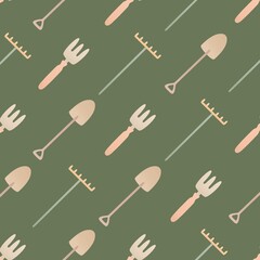 cute spring pattern for kids - gardening tools on a dark green background