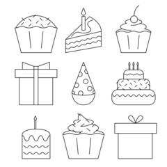 Minimalist vector collection with gifts, cakes, cupcakes, hat for birthdays, parties and holidays. Set of illustrations. Flat style.