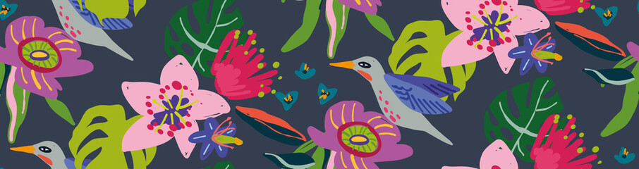 Seamless vector pattern with flowers and bird. Situable for covers, gift wrap and wallpaper