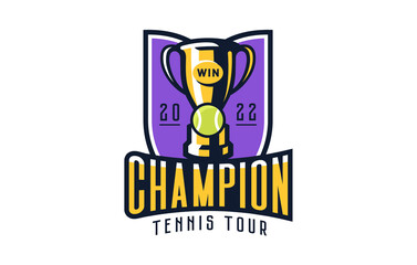 Logo, emblem of tennis champion. Colorful emblem of the cup with a ball and rackets on the background of the shield. Tennis champion logo template, championship winner, league cup. Vector illustration