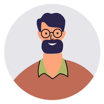 Icon of a man with a beard and glasses. Portrait of a European man in a circle. Flat style isolated on white background. Avatar of a happy smiling man in brown clothes. Vector.