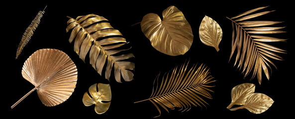 Tropical leaves gold and black, can be used as background(Monstera,palm,coconut,fern)