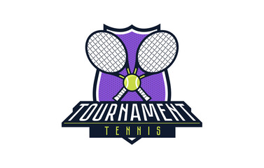 Logo, emblem of the tennis tournament. Colorful emblem of the championship with the ball and rackets on the background of the shield. Tennis sport tournament logo template. Vector illustration