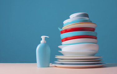 Pile of clean dishes and dish detergent