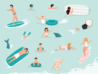 Sea swimming. Active people diving, swim with dolphins and surfing. Men and women swimming, diving, surfing, lying on floating air mattress and sunbathing, playing with ball.