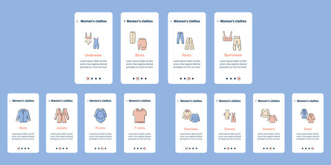  Clothes onboarding mobile app screens. Trendy outfits. Fashionable clothing steps menu. Shopping concepts. Set of UI, UX, web template with RGB color linear icons