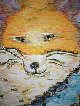 Fox Portrait Oil Pastel. Landscape.