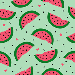 Watermelon slice, seeds and hearts on green background. Vector illustration