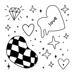 illustration of hearts and stars, checkerboard