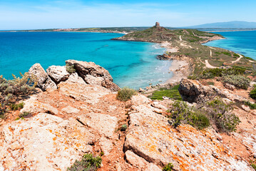 Panorama della penisola di San Giovanni di Sinis e Tharros, vicino a Cabras, in Sardegna, Italia 