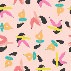 Women in yoga pose seamless pattern background in minimalistic style