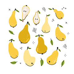 Pear slice, whole pear - clipart set of hand drawn childish flat and linear style isolated on white background. Vector hand drawn doodle illustration.