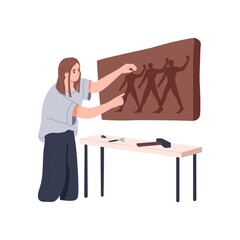 Woman artisan carving on stone plate. Creative craftswoman sculpting, creating art on clay with hammer, tools. Restoration work process. Flat vector illustration of carver isolated on white background