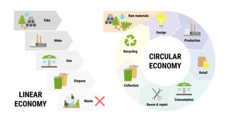 Comparison of linear and circular economy infographic. Sustainable business model. Scheme of product life cycle from raw material to production, using, recycling instead of waste. Flat vector